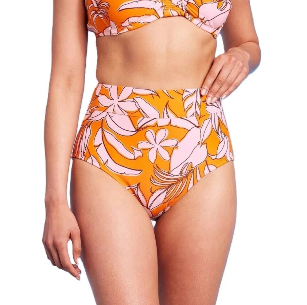 Kona Sol Tropical Bikini Bottom Size L High Waist Orange Pink Swim Bottom NWOT